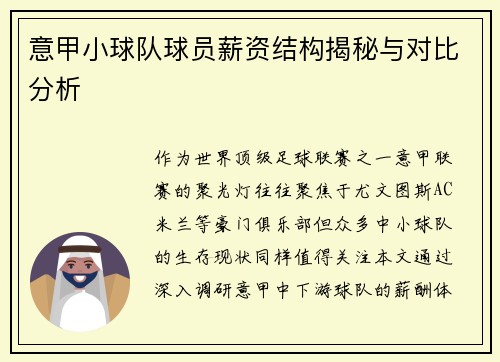 意甲小球队球员薪资结构揭秘与对比分析